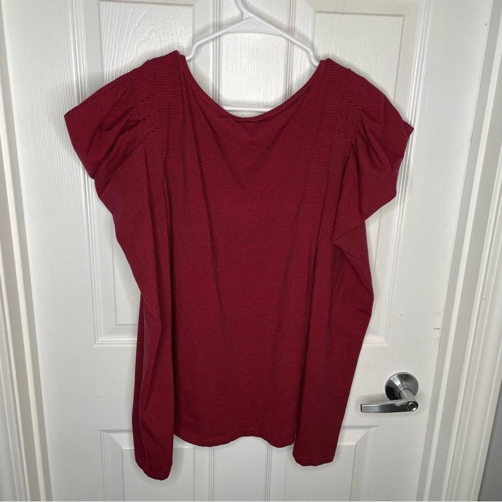 Free People Penelope Dramatic Puff Sleeve Stretch Knit Top in Red Combo Stripe L
